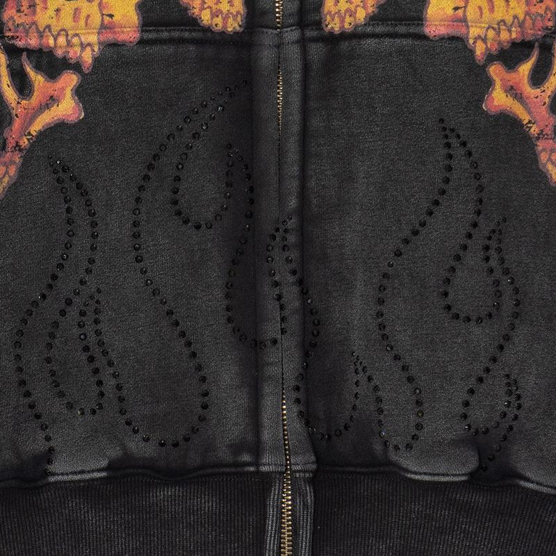 FLAME SKULL ZIP HOODIE -BLACK-