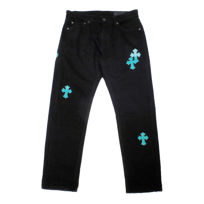 CROSS LEATHER DENIM PANTS -BLACK×BLUE-