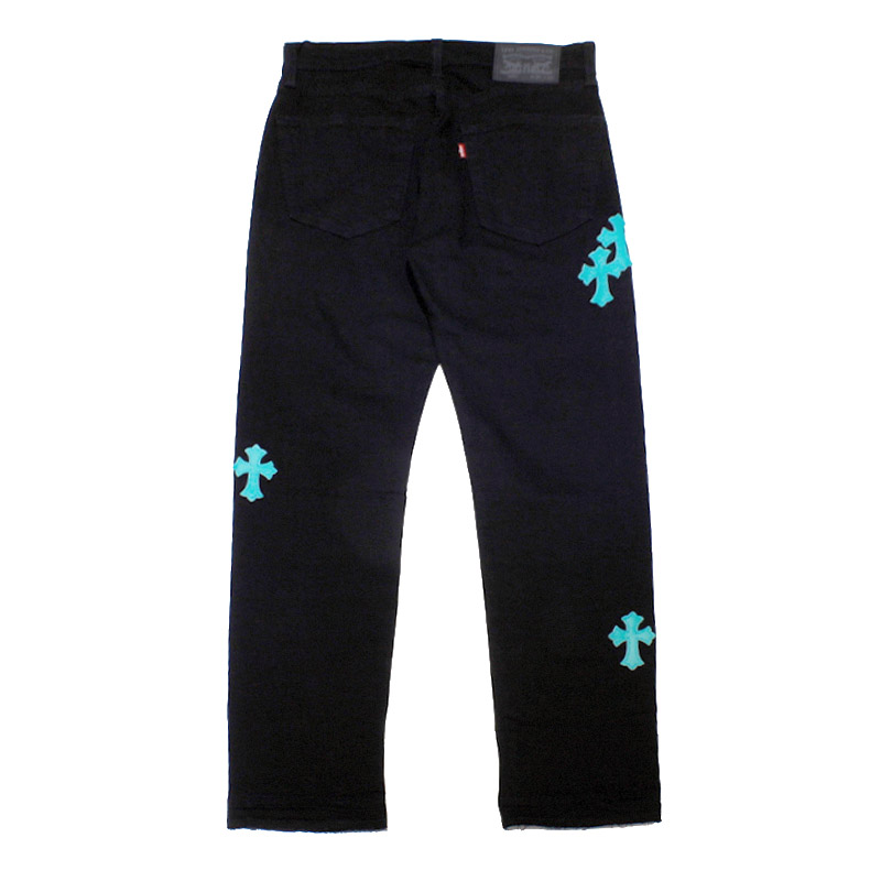 CROSS LEATHER DENIM PANTS -BLACK×BLUE-