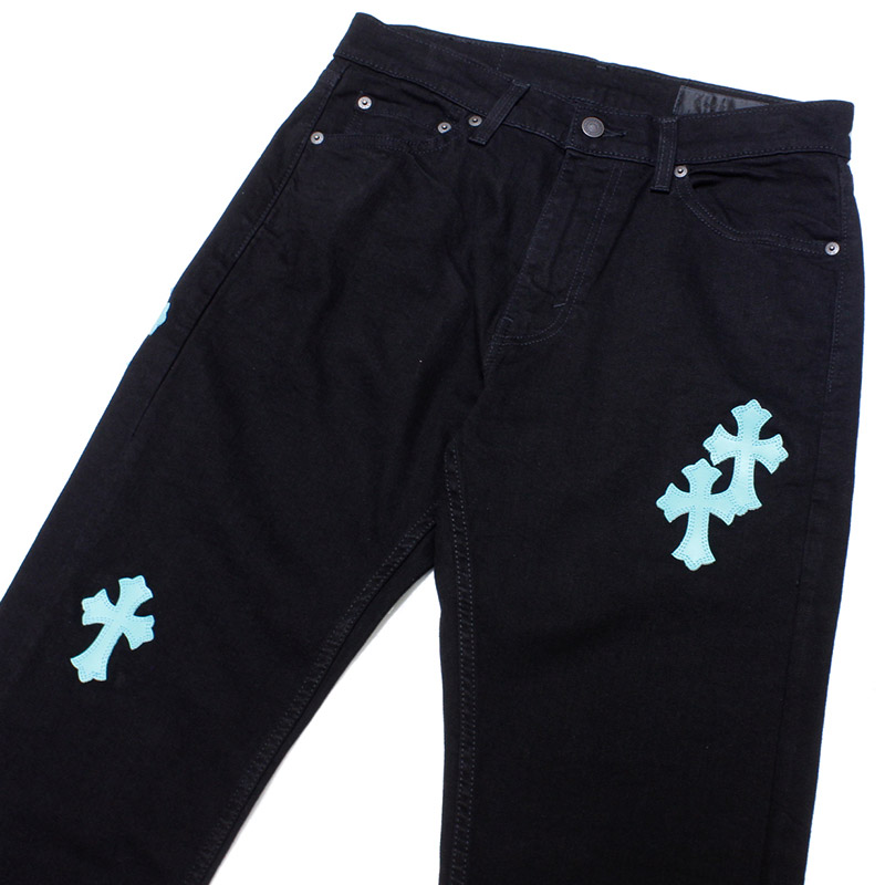 CROSS LEATHER DENIM PANTS -BLACK×BLUE-