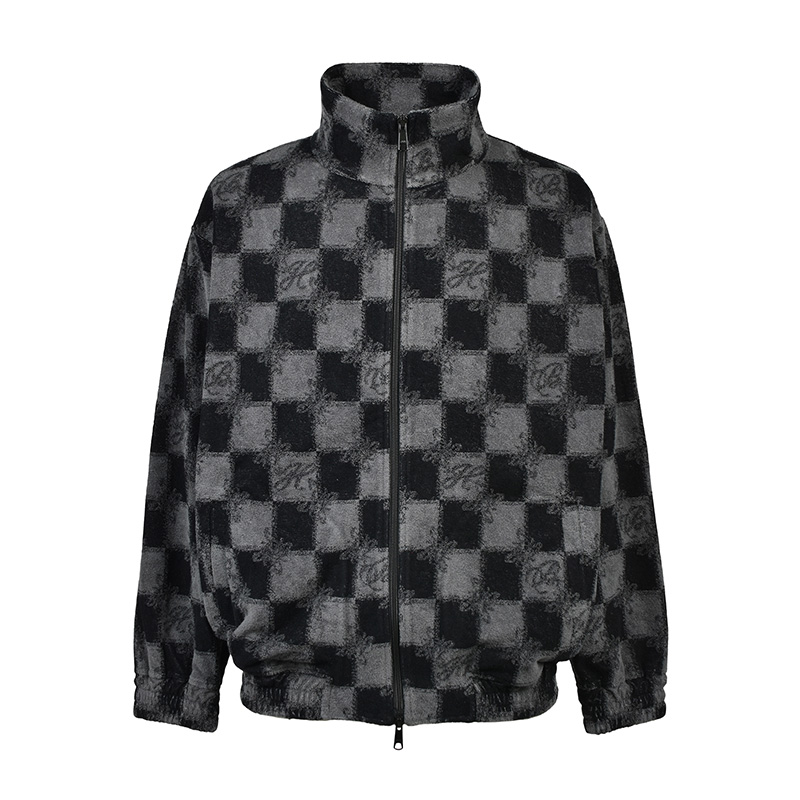 BLOCK CHECK PILE JACKET -BLACK-