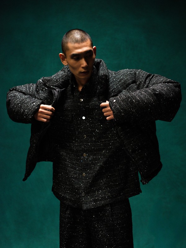 SHINY TWEED DOWN JACKET -BLACK-