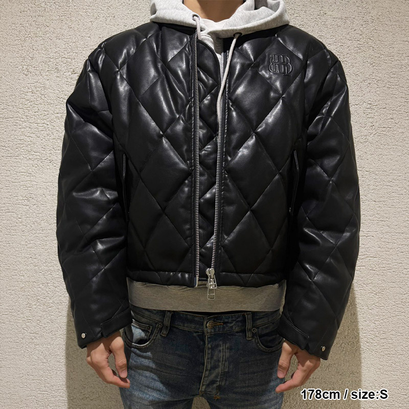 FAUX LEATHER QUILTING DOWN JACKET -BLACK-