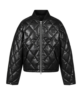 FAUX LEATHER QUILTING DOWN JACKET -BLACK-