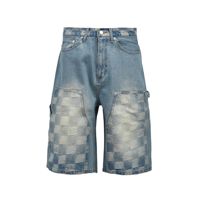 BLOCK CHECK DOUBLE KNEE DENIM SHORTS -INDIGO-