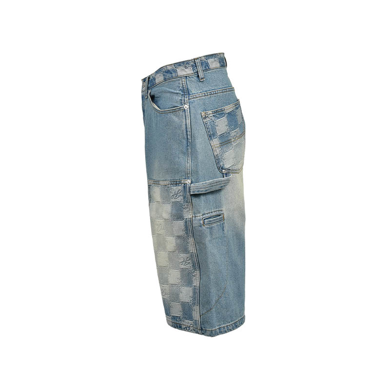 BLOCK CHECK DOUBLE KNEE DENIM SHORTS -INDIGO-