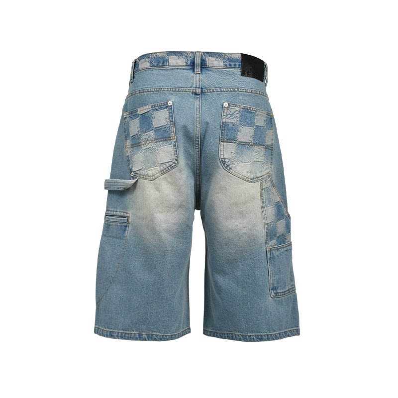 BLOCK CHECK DOUBLE KNEE DENIM SHORTS -INDIGO-
