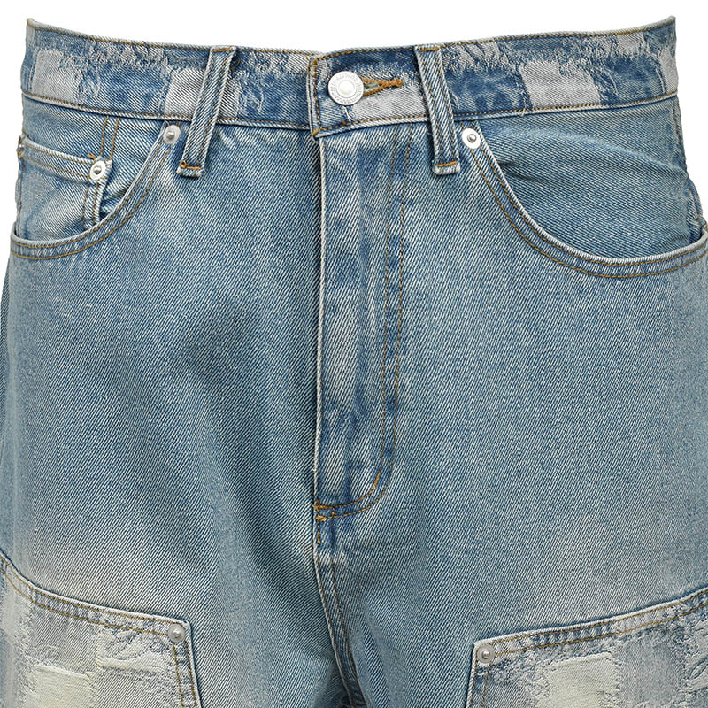 BLOCK CHECK DOUBLE KNEE DENIM SHORTS -INDIGO-