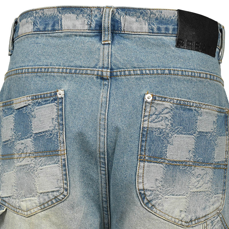 BLOCK CHECK DOUBLE KNEE DENIM SHORTS -INDIGO-