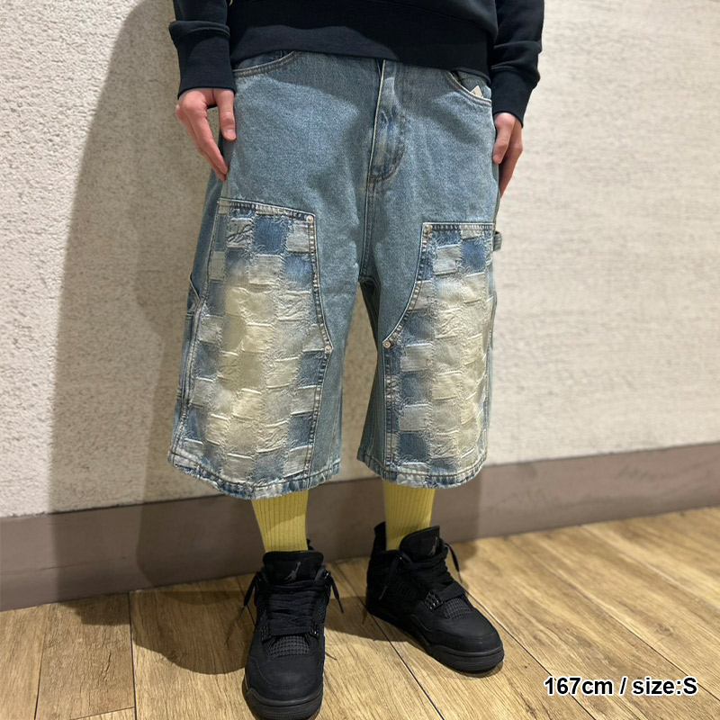 BLOCK CHECK DOUBLE KNEE DENIM SHORTS -INDIGO-