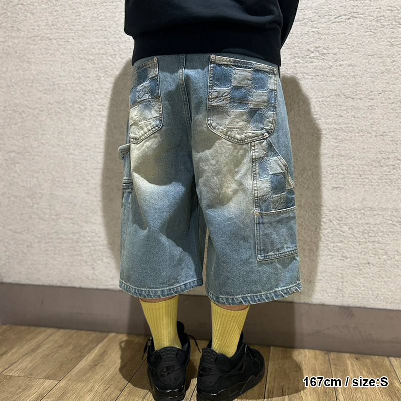 BLOCK CHECK DOUBLE KNEE DENIM SHORTS -INDIGO-