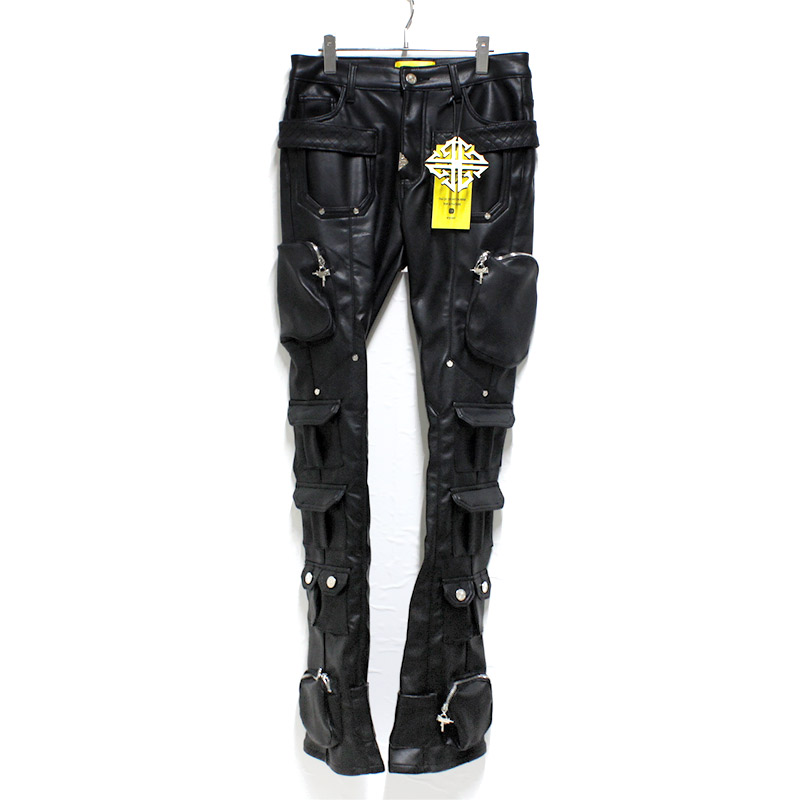 OBSIDISN BLACK CARGO LEATHER PANTS -BLACK-