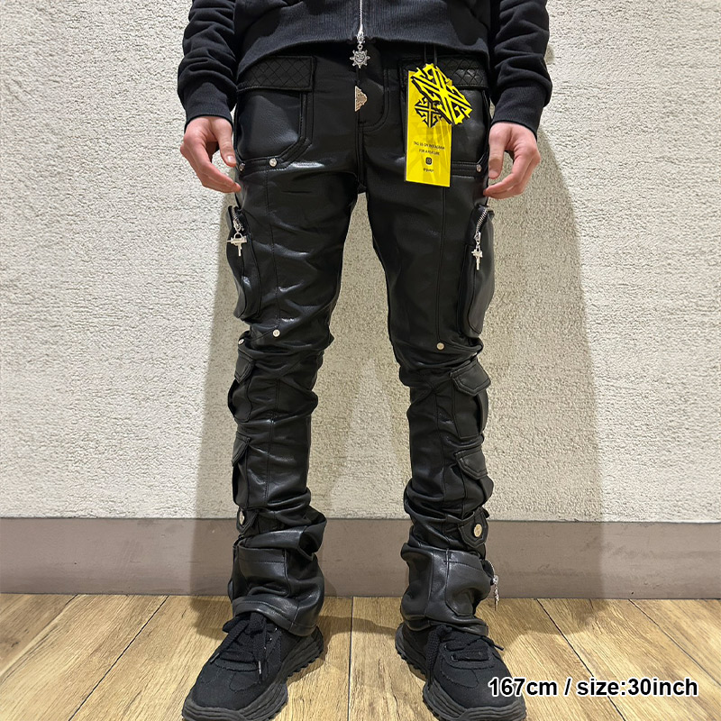 OBSIDISN BLACK CARGO LEATHER PANTS -BLACK-