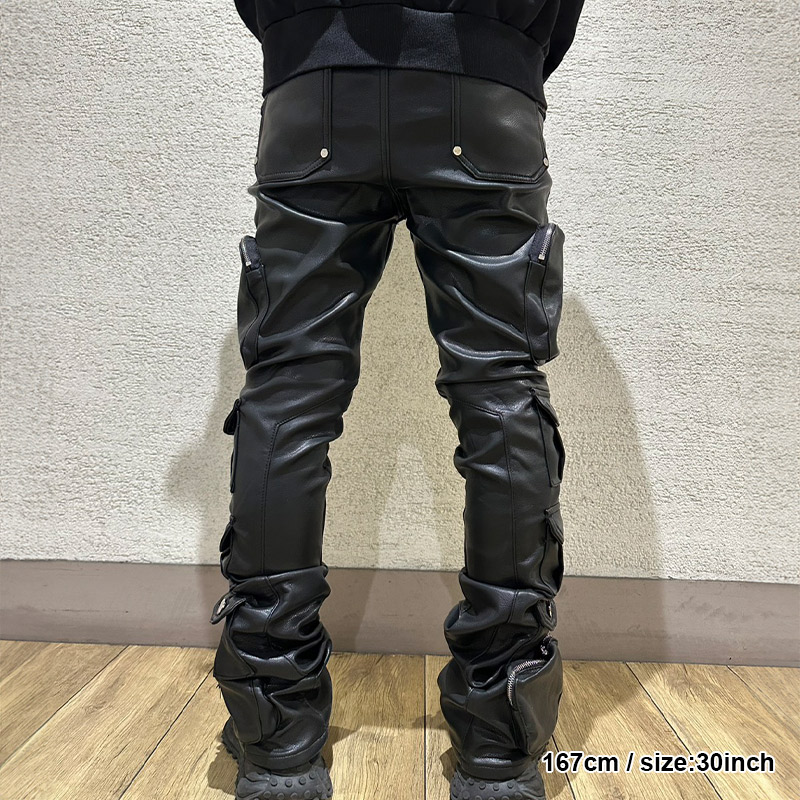 OBSIDISN BLACK CARGO LEATHER PANTS -BLACK-