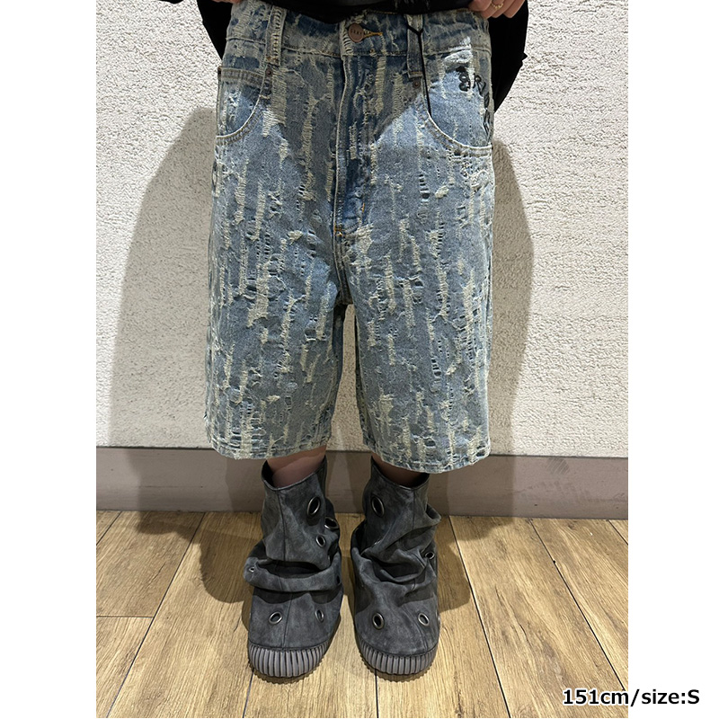 DROPPIN SCIENCE JACQUARD BAGGY DENIM SHORTS -BLUE-
