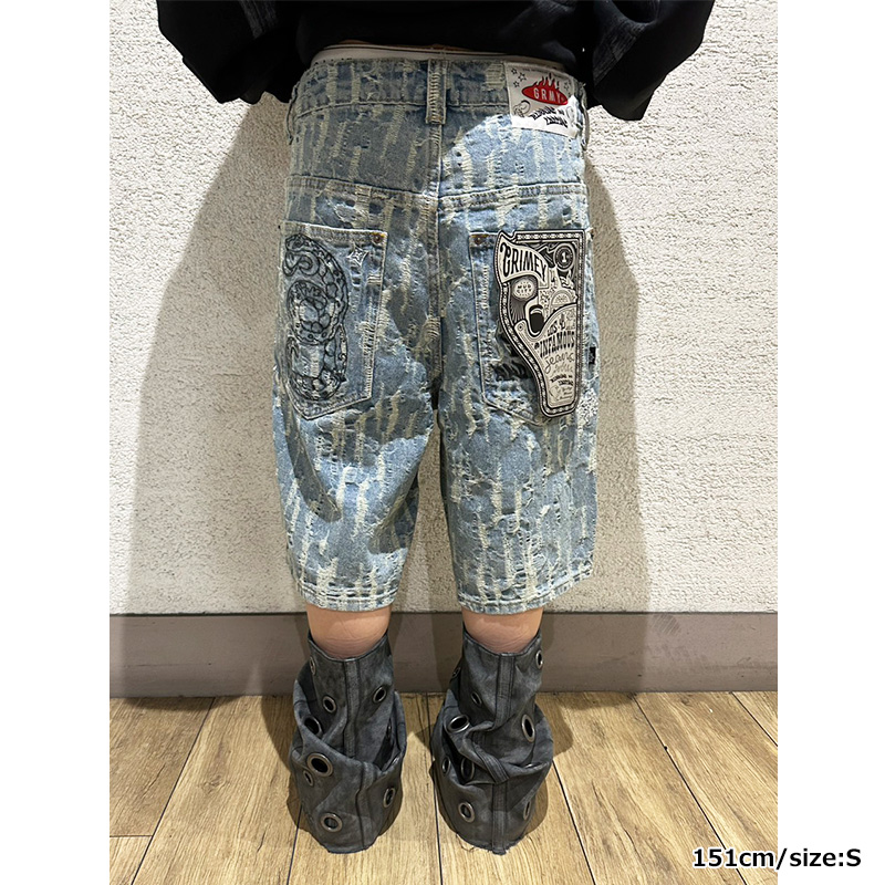 DROPPIN SCIENCE JACQUARD BAGGY DENIM SHORTS -BLUE-