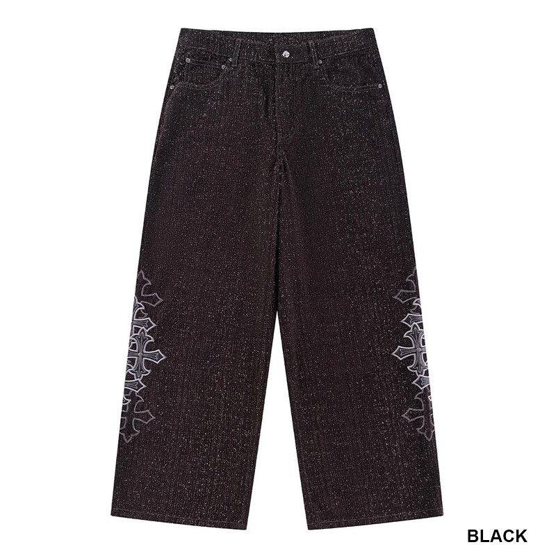 MULTIPLE CROSS LEATHER PATCH BAGGY DENIM -2.COLOR-