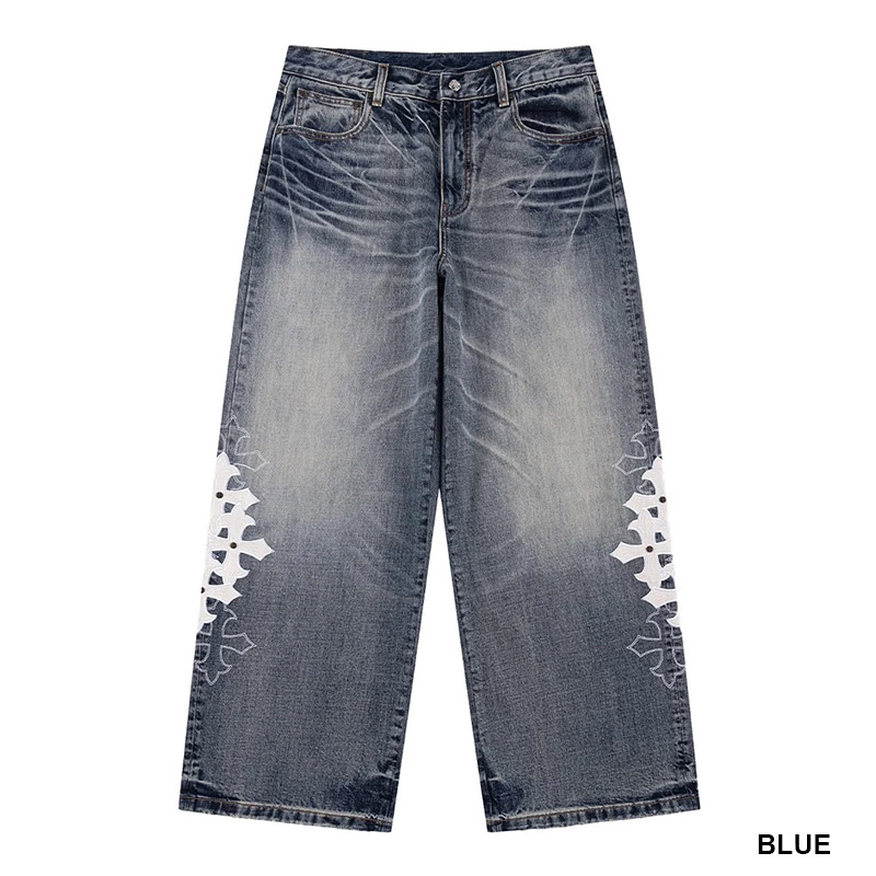 MULTIPLE CROSS LEATHER PATCH BAGGY DENIM -2.COLOR-