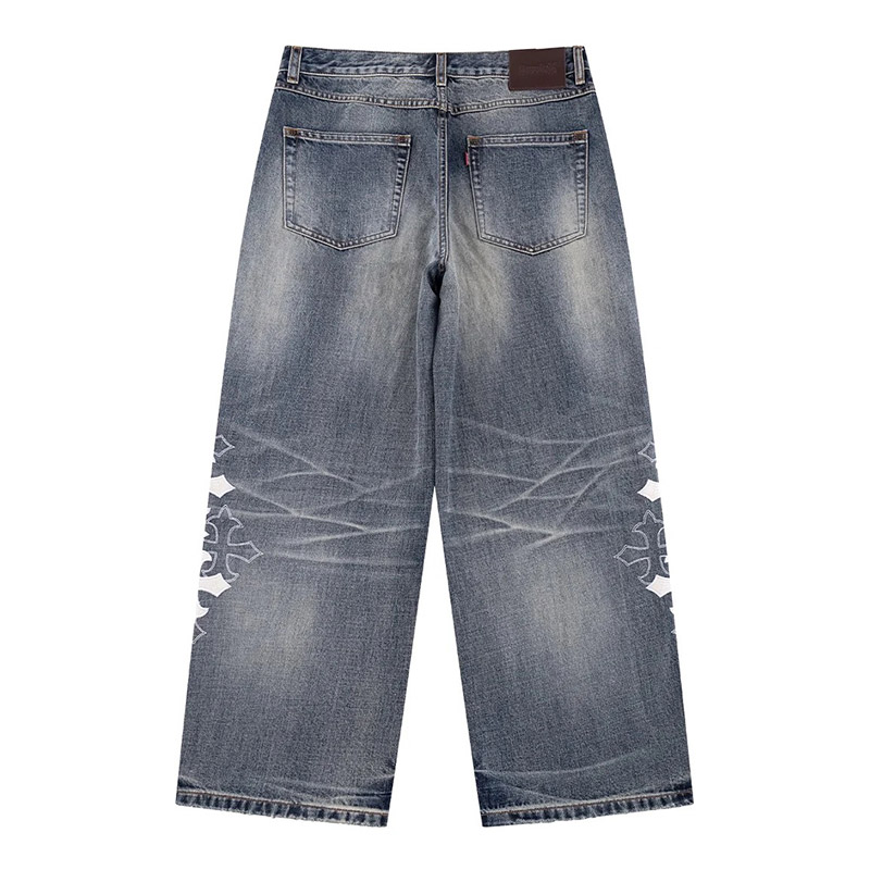 MULTIPLE CROSS LEATHER PATCH BAGGY DENIM -2.COLOR-