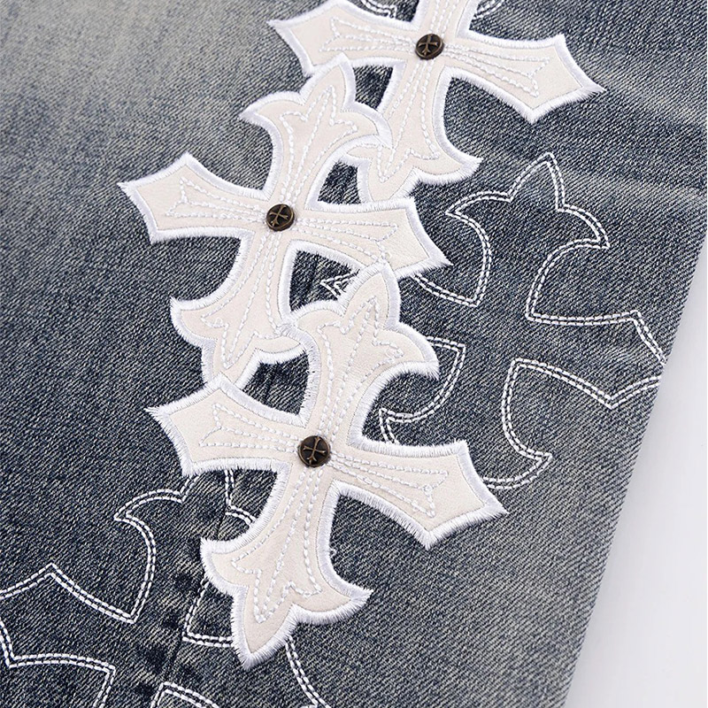 MULTIPLE CROSS LEATHER PATCH BAGGY DENIM -2.COLOR-