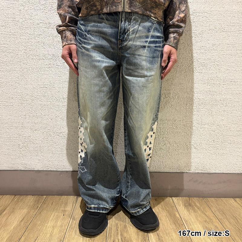 MULTIPLE CROSS LEATHER PATCH BAGGY DENIM -2.COLOR-