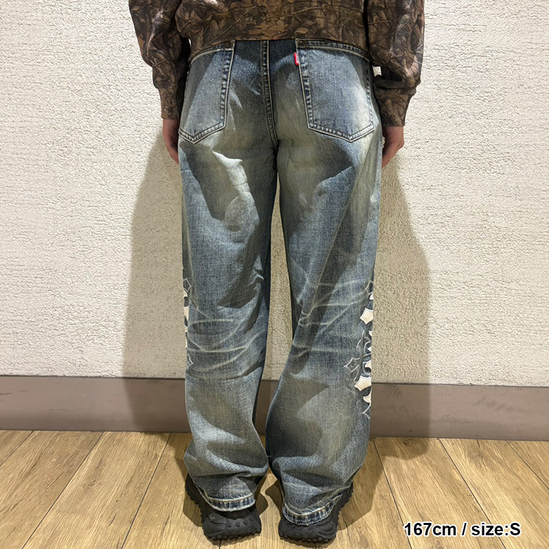 MULTIPLE CROSS LEATHER PATCH BAGGY DENIM -2.COLOR-