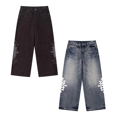 MULTIPLE CROSS LEATHER PATCH BAGGY DENIM -2.COLOR-