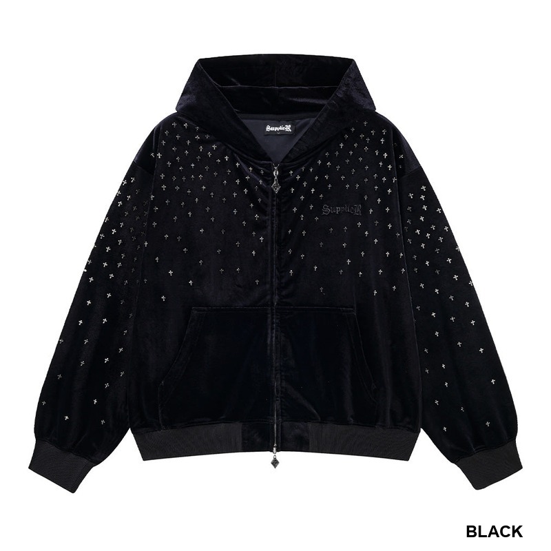 MICRO CROSS RHINESTONE VELOUR ZIP HOODIE -2.COLOR-
