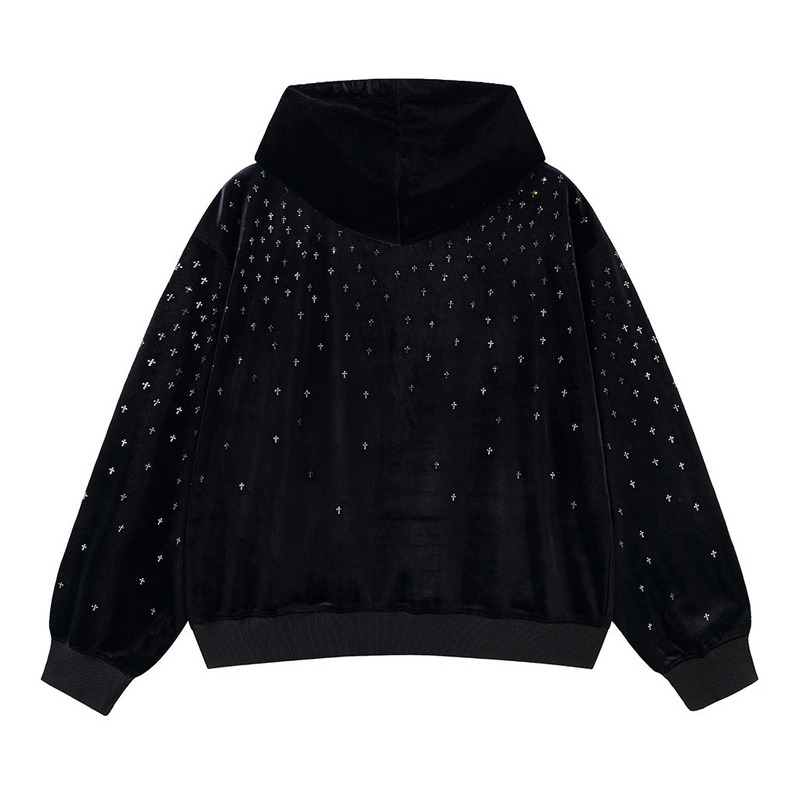 MICRO CROSS RHINESTONE VELOUR ZIP HOODIE -2.COLOR-