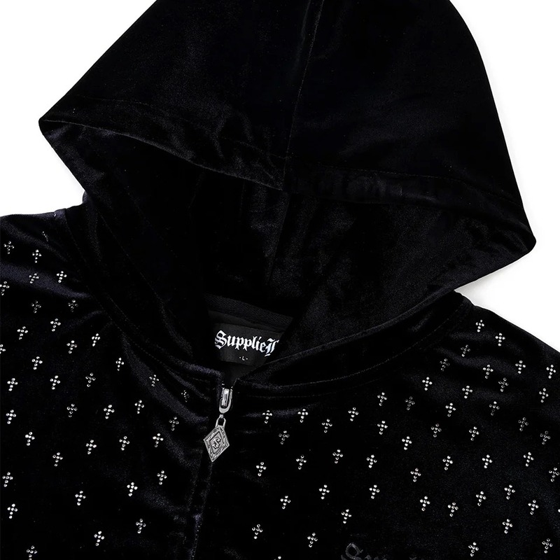 MICRO CROSS RHINESTONE VELOUR ZIP HOODIE -2.COLOR-