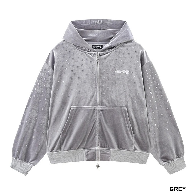 MICRO CROSS RHINESTONE VELOUR ZIP HOODIE -2.COLOR-