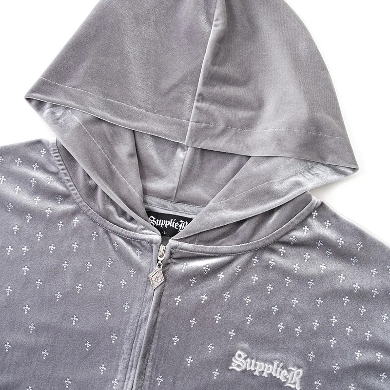 MICRO CROSS RHINESTONE VELOUR ZIP HOODIE -2.COLOR-