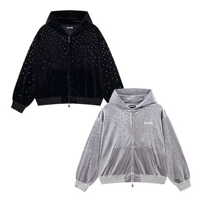MICRO CROSS RHINESTONE VELOUR ZIP HOODIE -2.COLOR-