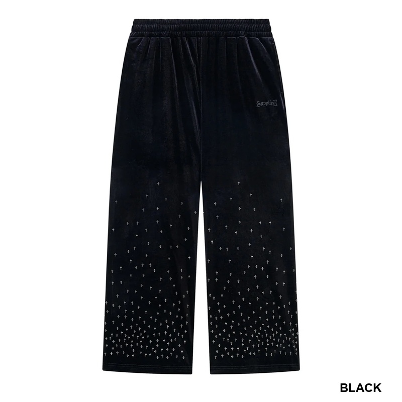 MICRO CROSS RHINESTONE VELOUR TRACK PANTS -2.COLOR-
