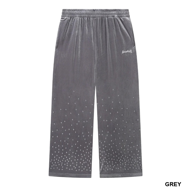 MICRO CROSS RHINESTONE VELOUR TRACK PANTS -2.COLOR-