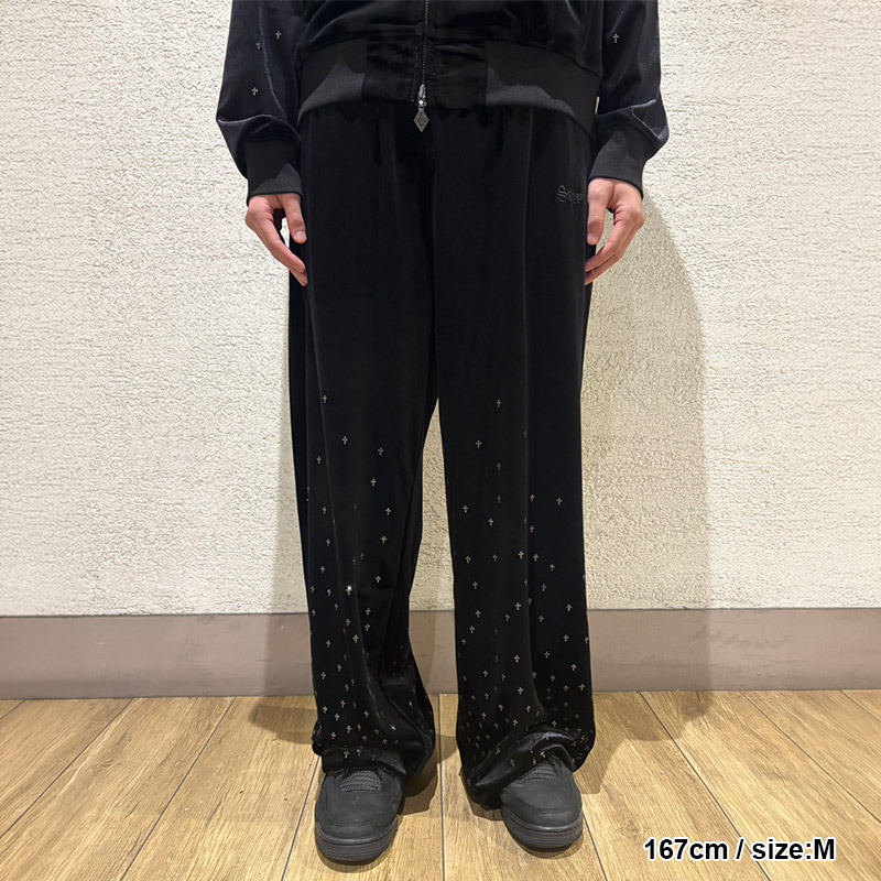 MICRO CROSS RHINESTONE VELOUR TRACK PANTS -2.COLOR-
