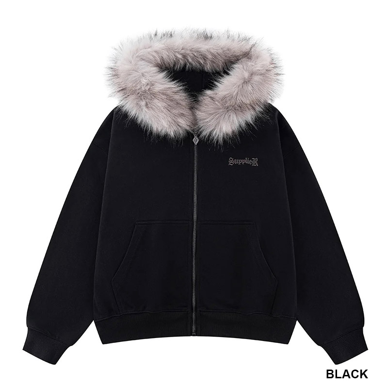 FAUX FUR CROSS ZIP HOODIE -2.COLOR-