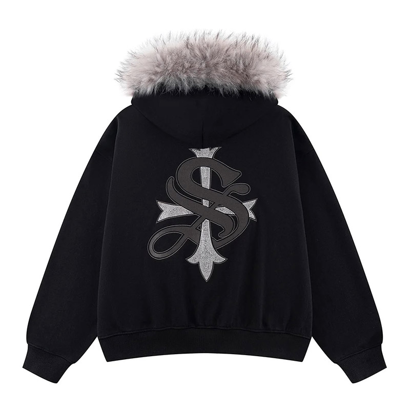 FAUX FUR CROSS ZIP HOODIE -2.COLOR-