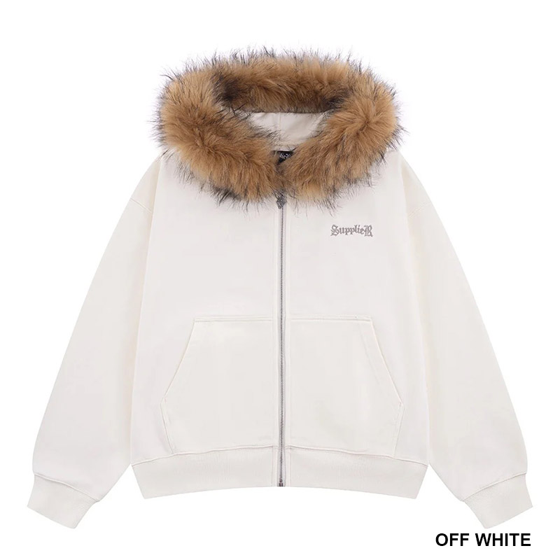 FAUX FUR CROSS ZIP HOODIE -2.COLOR-