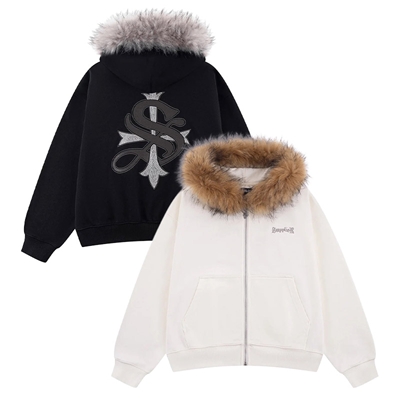 FAUX FUR CROSS ZIP HOODIE -2.COLOR-