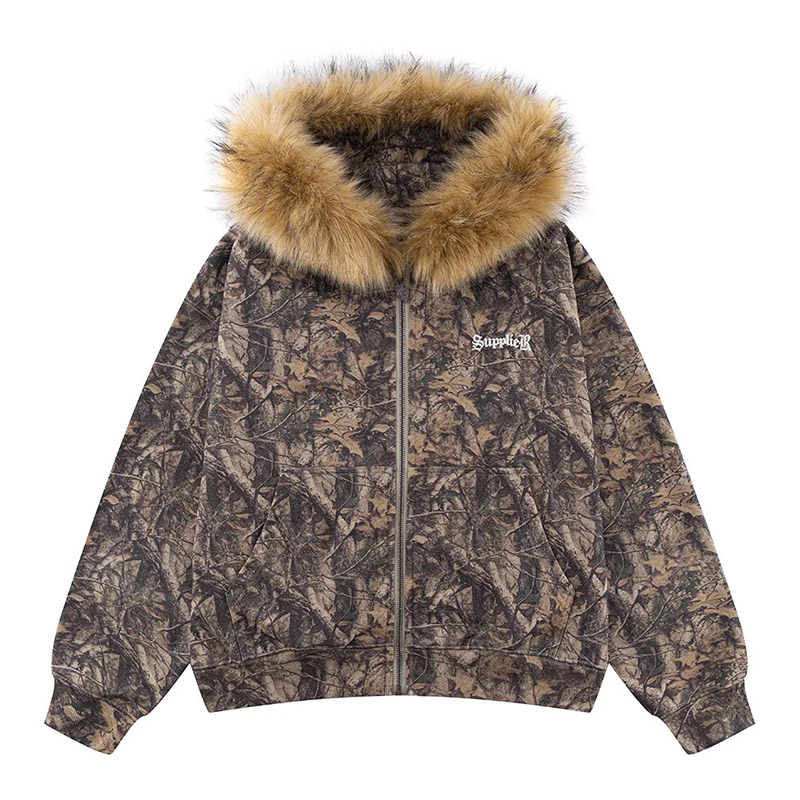 TREE CAMO FAUX FUR CROSS ZIP HOODIE -CAMO-