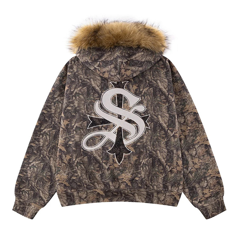 TREE CAMO FAUX FUR CROSS ZIP HOODIE -CAMO-