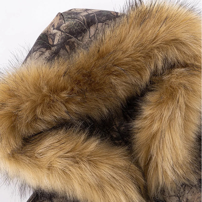 TREE CAMO FAUX FUR CROSS ZIP HOODIE -CAMO-