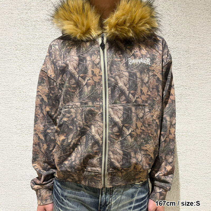 TREE CAMO FAUX FUR CROSS ZIP HOODIE -CAMO-