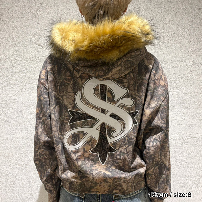 TREE CAMO FAUX FUR CROSS ZIP HOODIE -CAMO-