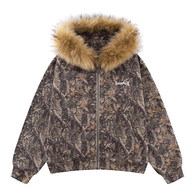 TREE CAMO FAUX FUR CROSS ZIP HOODIE -CAMO-