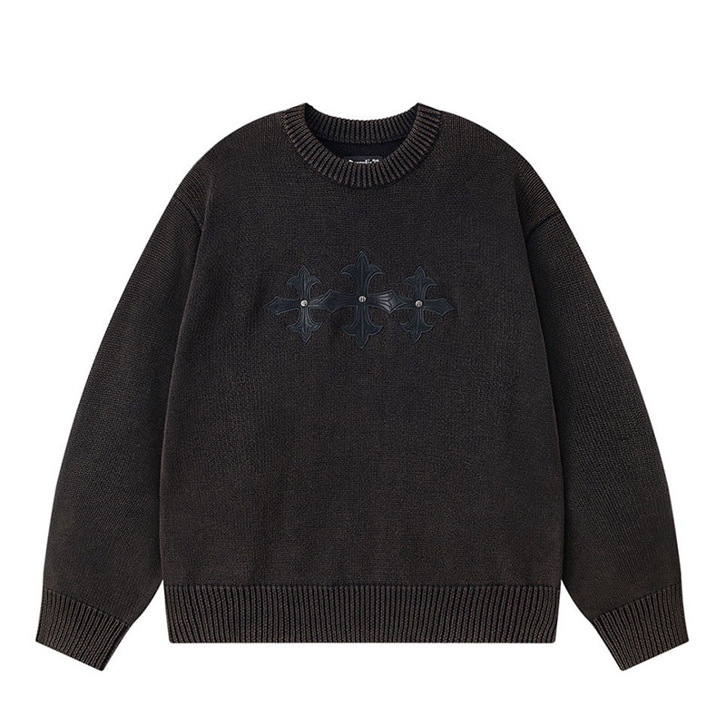 WASHED TRIPLE CROSS LEATHER PATCH CREW KNIT -BLACK-