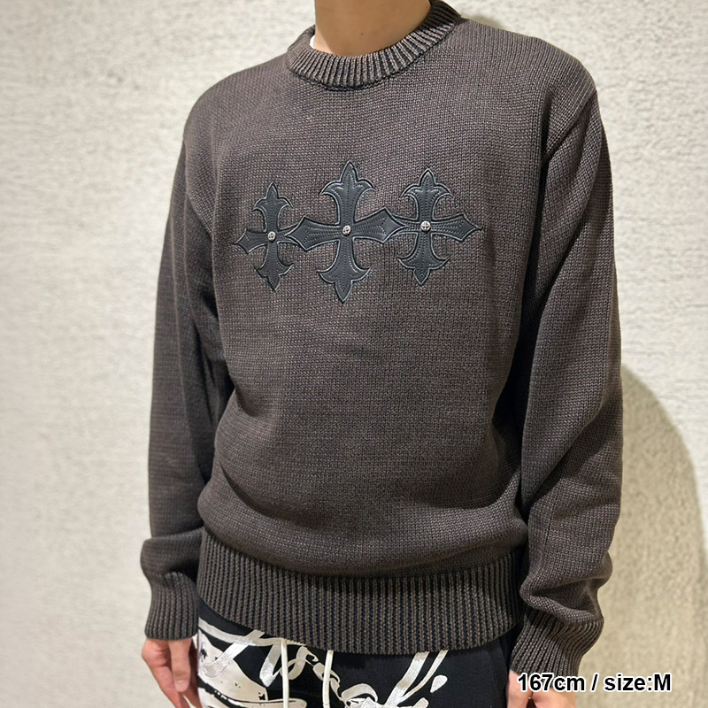 WASHED TRIPLE CROSS LEATHER PATCH CREW KNIT -BLACK-