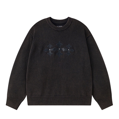 WASHED TRIPLE CROSS LEATHER PATCH CREW KNIT -BLACK-