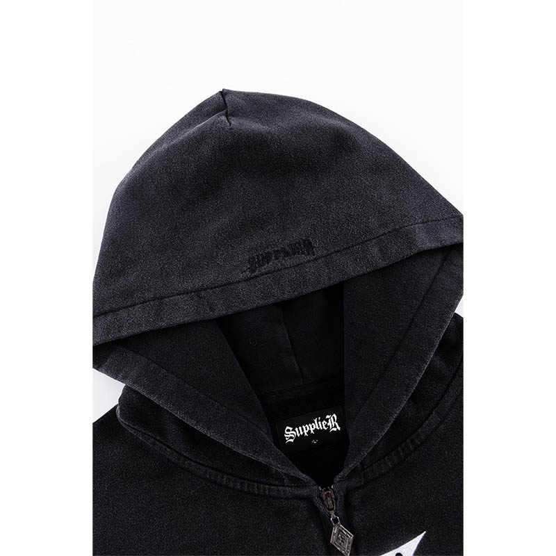 DUSTY IRON CROSS RHINESTONE ZIP HOODIE -BLACK-